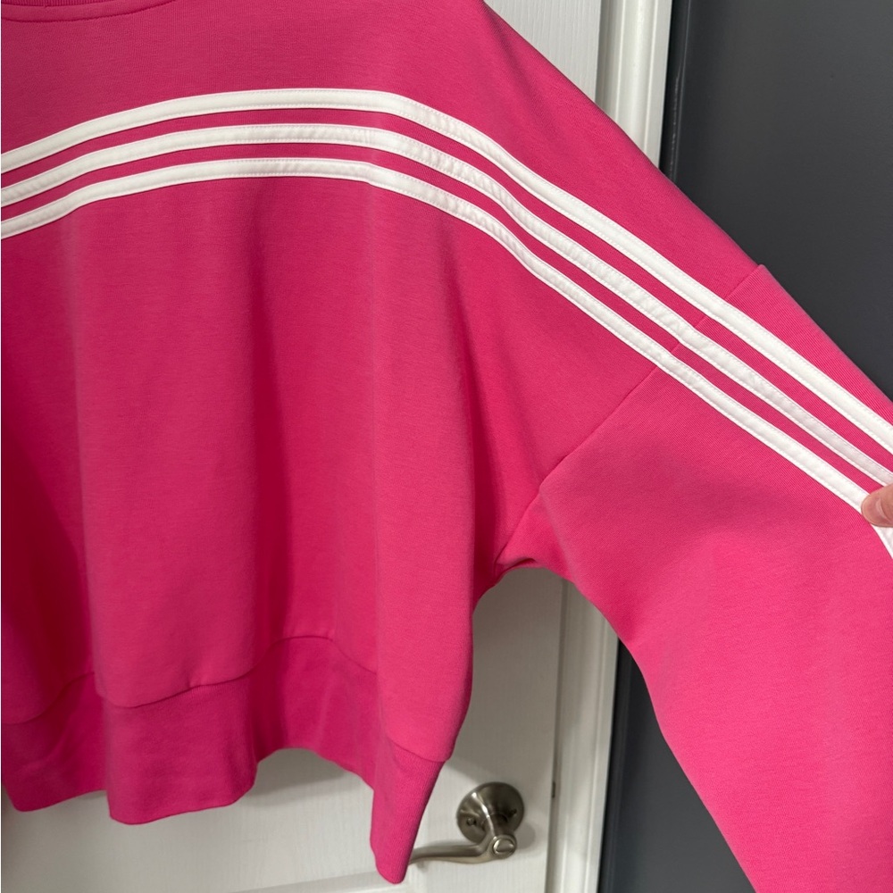 Adidas Bright Pink Hoodie with White Sleeve Stripes - Picture 3 of 3
